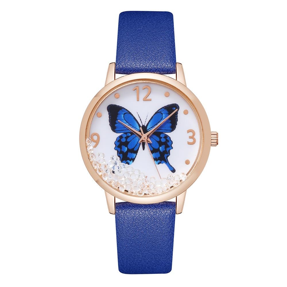 HIFFEY Lady Watches Fashion Crystal Blue Butterfly Women Quartz Watch Leisure Leather Strap Female Clock Gifts (Color : Blue)