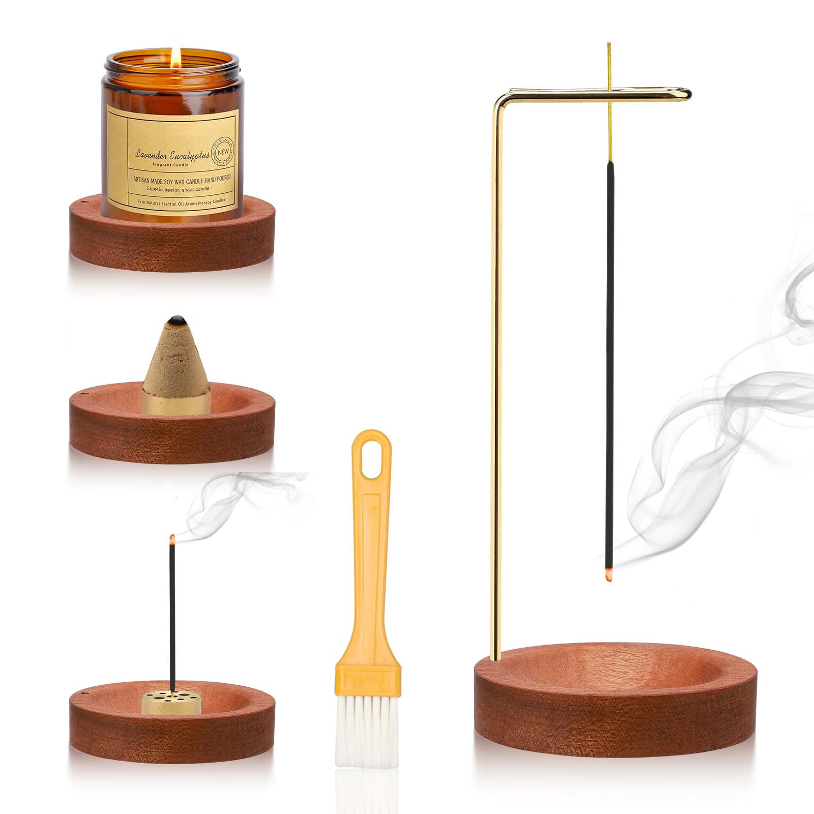 Porta Incenso 3 In 1 In Legno E Ottone – Bruciatore Per Bastoncini A 9 Fori E Cono, Design Moderno Con Base Staccabile, Altezza 25cm