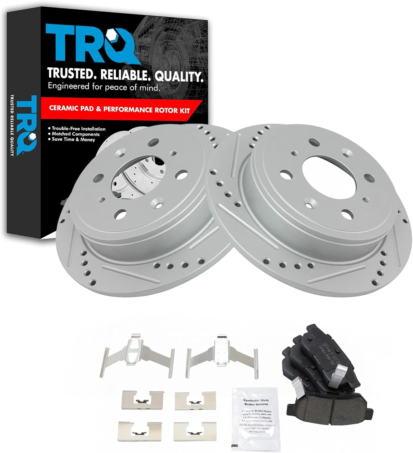 TRQ Rear Brake Pad and Rotor Set Ceramic Drilled Slotted Solid Rotors Compatible with 1990-1994 Acura Integra 1988-1991 Honda Prelude 1990-1991 CRX