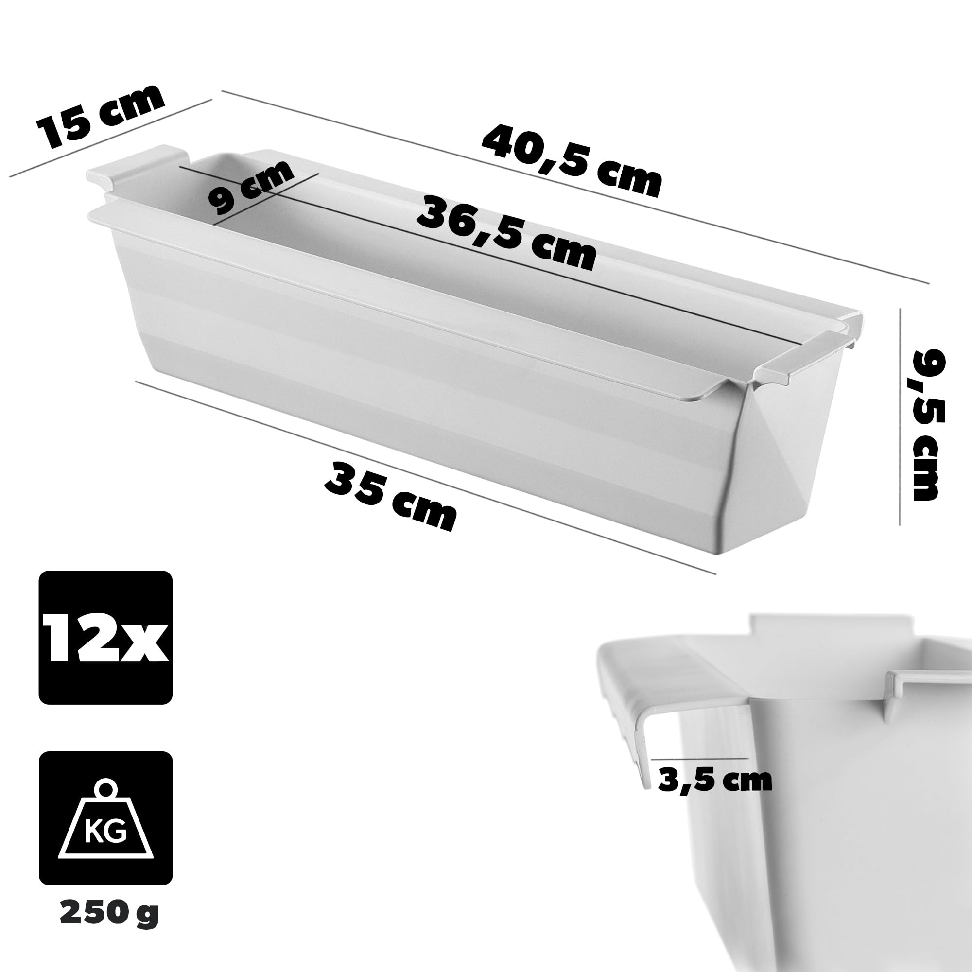 KADAX Set di 12 vasi da balcone per pallet con sistema di sospensione, 37x9 cm bianco, per piantare e decorare come fioriera da balcone, vaso per fiori per pallet europeo, inserto per vasi e sopra...