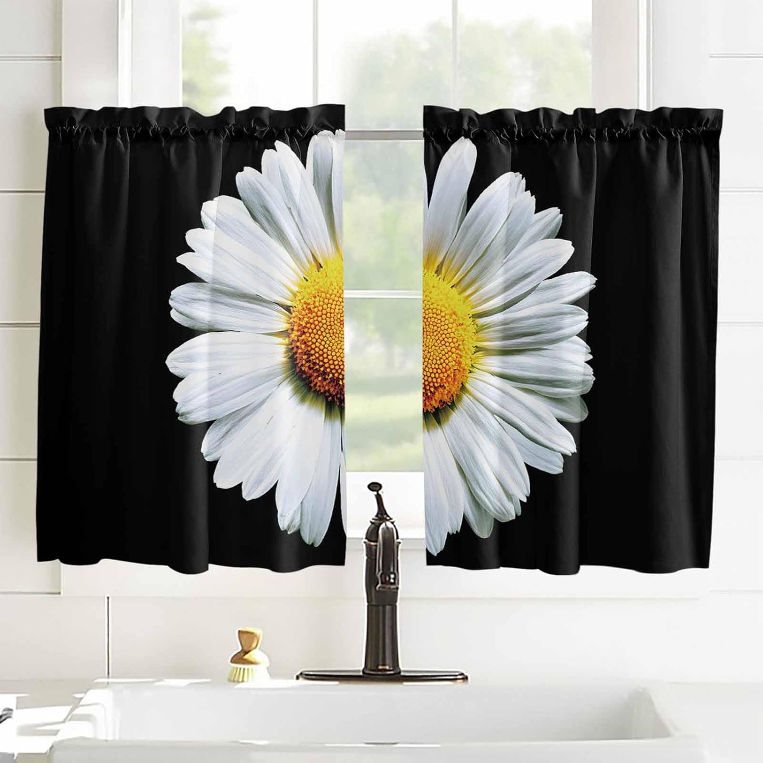 Spring Floral Kitchen Curtains, Daisy Summer Botanical Classic Black Light Filtering Window Curtain Panels, 2Pcs Rod Pocket Window Treatments Set for Study Room Bathroom Bedroom 52x54 Inches