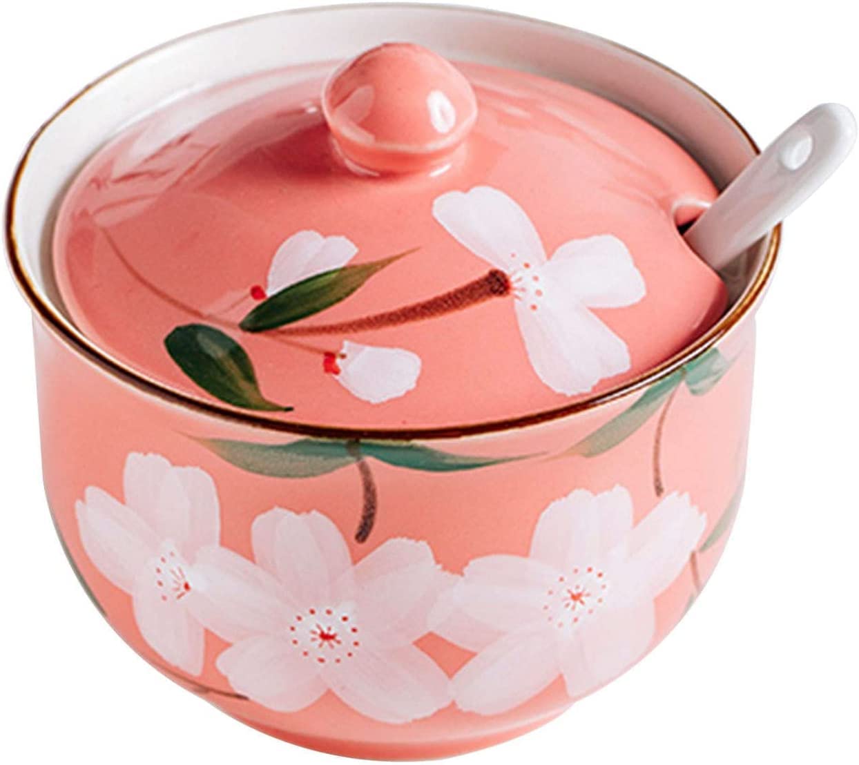 Pots à épices, Sucrier Pastoral avec Couvercle et Cuillère, Pot de Stockage de Sucre de Fleurs de Cerisier, Pot de Sucre Peint à la Main, Boîte d'assaisonnement-Rose-300ml (Color : Roze, Size : 300m