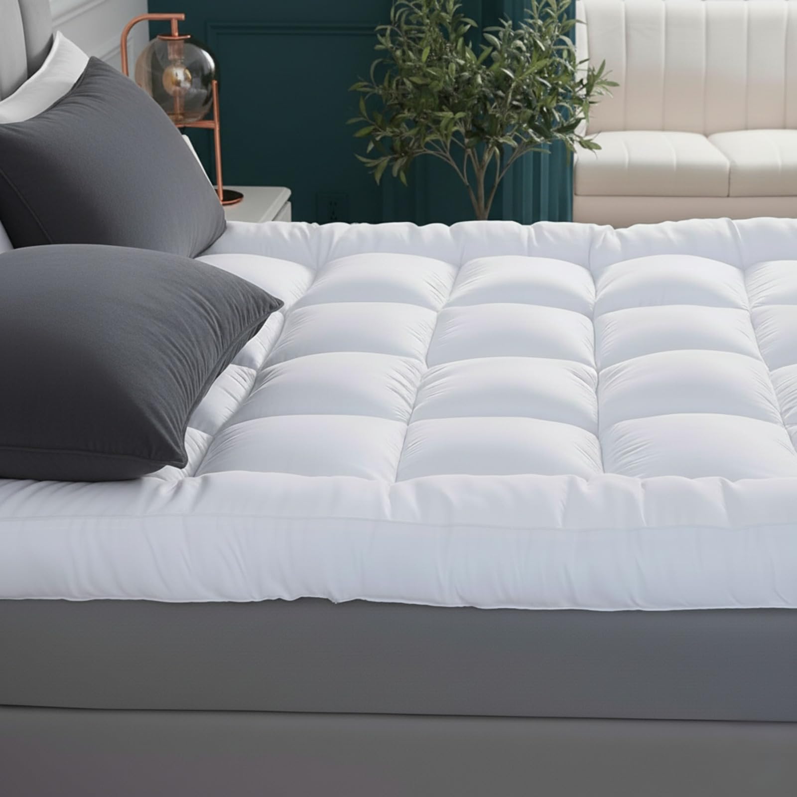 4AS Supersoft Mattress Topper Kingsize Bed - Microfibre Filling 5cm Extra Thick Mattress Topper with Elasticized Corner Straps - White (King 150x200 cm)