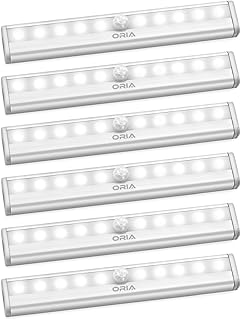 ORIA Lampada per Armadio, Luci Armadio con Sensore, Luce e di Movimento Alimentata a Batterie, Auto on/off, 10 LED Luce Notte, Striscia Magnetica Adesiva Luce per Cassetto/Comodino/Corridoio (6 Pezzi)