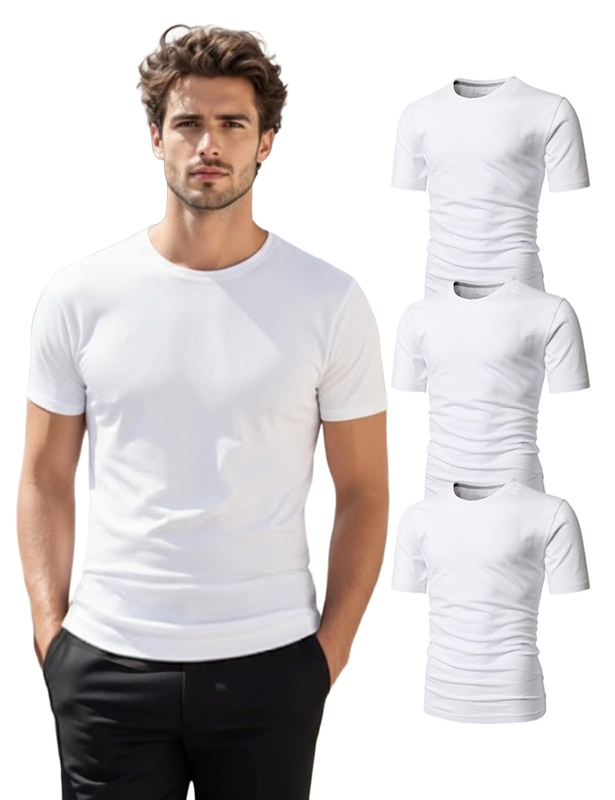 - Mens T-Shirts - Plain Novelty Slim Short Sleeve Cotton Blend (V Neck/Crew Neck) Multipack Size XS to 3XL