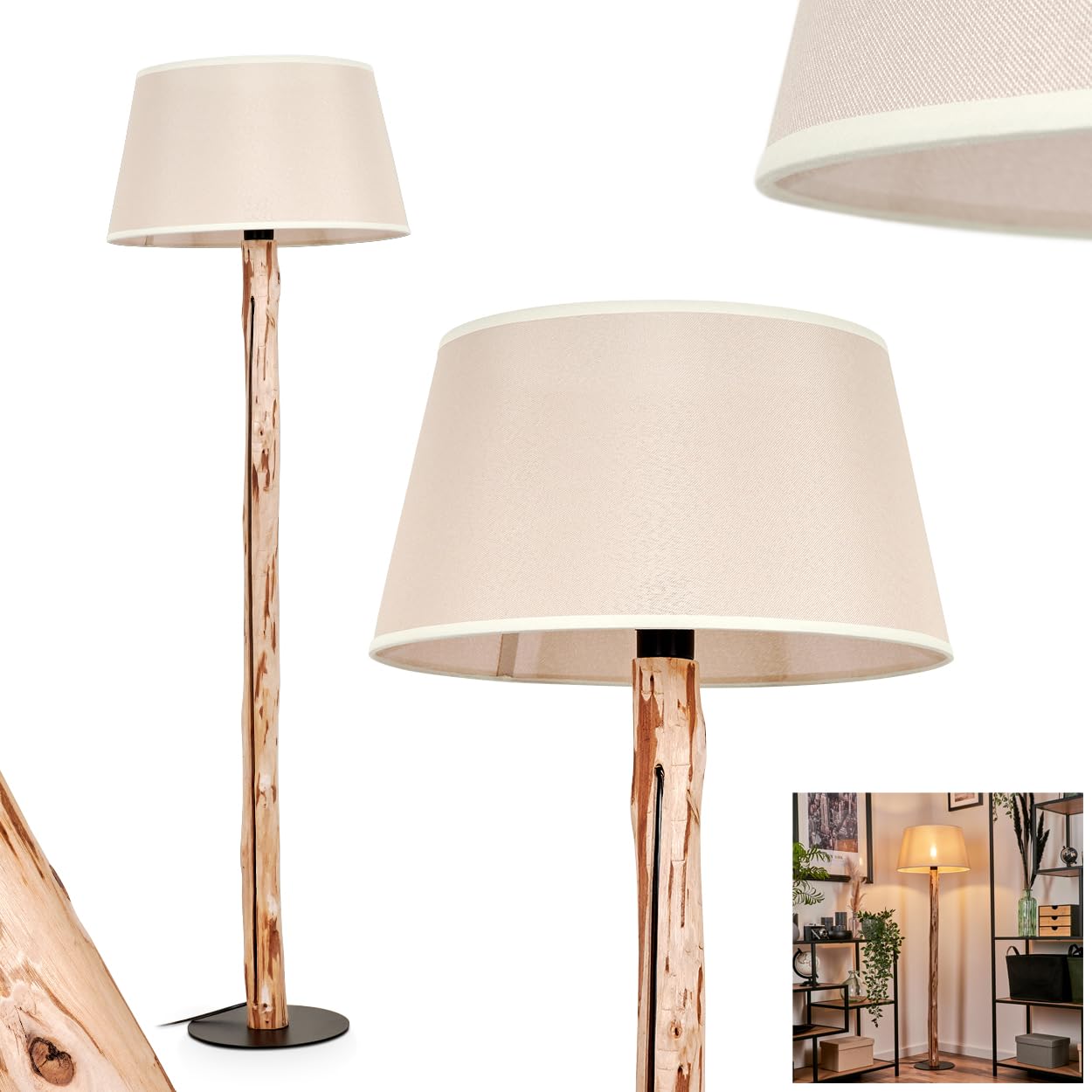 Lampadaire Saladillo, lampadaire moderne en bois/métal/tissu en naturel/noir /blanc, lampe au design scandinave avec abat-jour rond ( 38cm) et interrupteur à pied, hauteur 145cm, 1x E27, sans ampoules