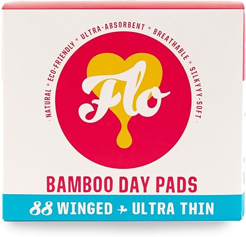 FLO - Mega paquete de almohadillas de bambú para el día, aladas y ultrafinas, 88 unidades