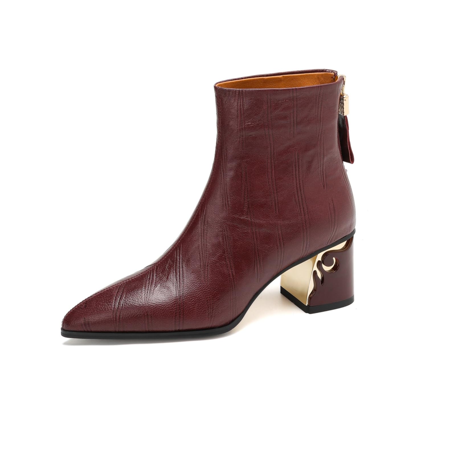 TinaCus Genuine Leather Mid Chunky Heels Ankle Boots Womens Pointed Toe Handmade Back Zipper