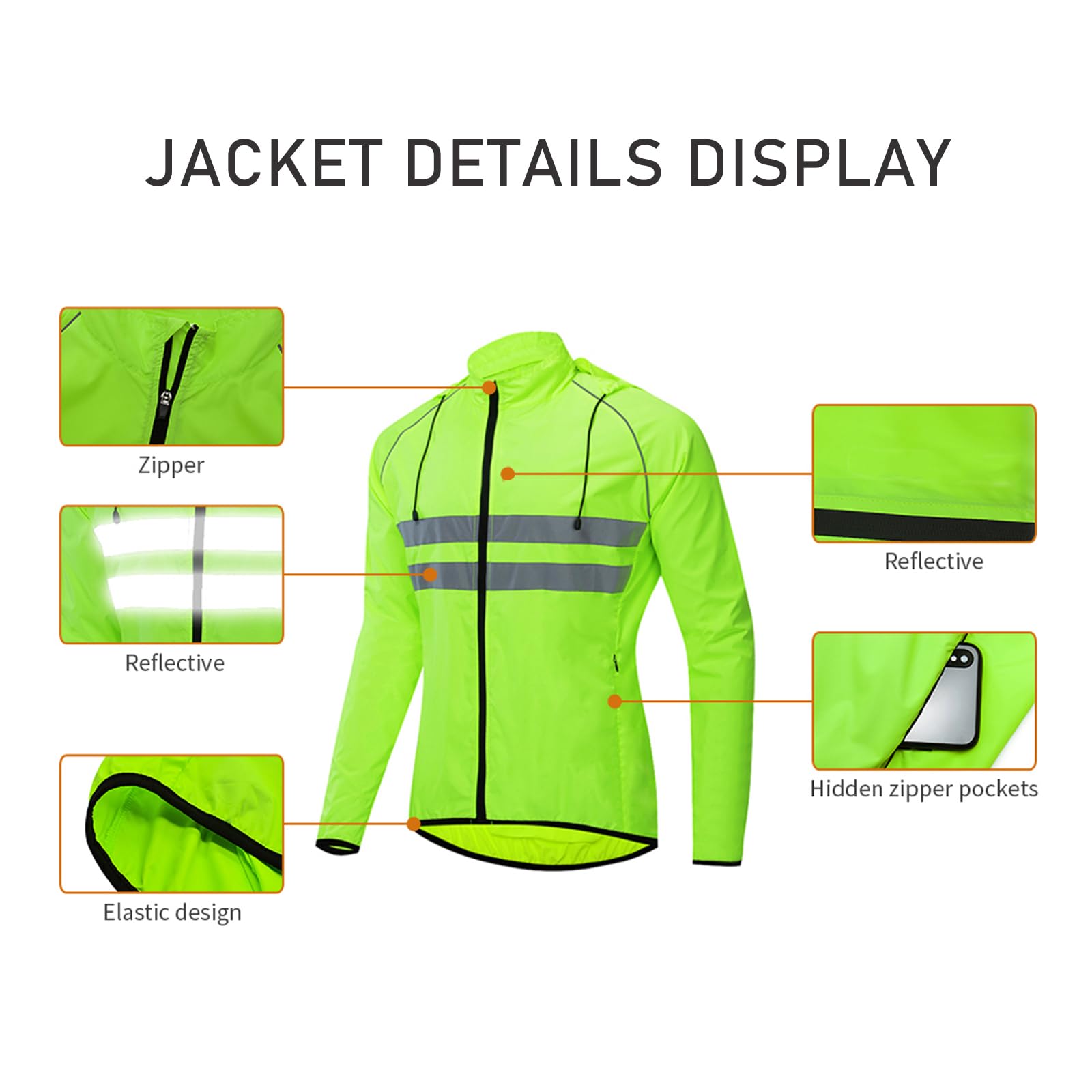 Ultralekka męska kurtka rowerowa Wiatrówka Odblaskowa bezpieczna koszulka rowerowa Wiatroszczelna Wodoszczelność MTB Rower szosowy Długa koszulka chroniąca przed wiatrem,Orange-M