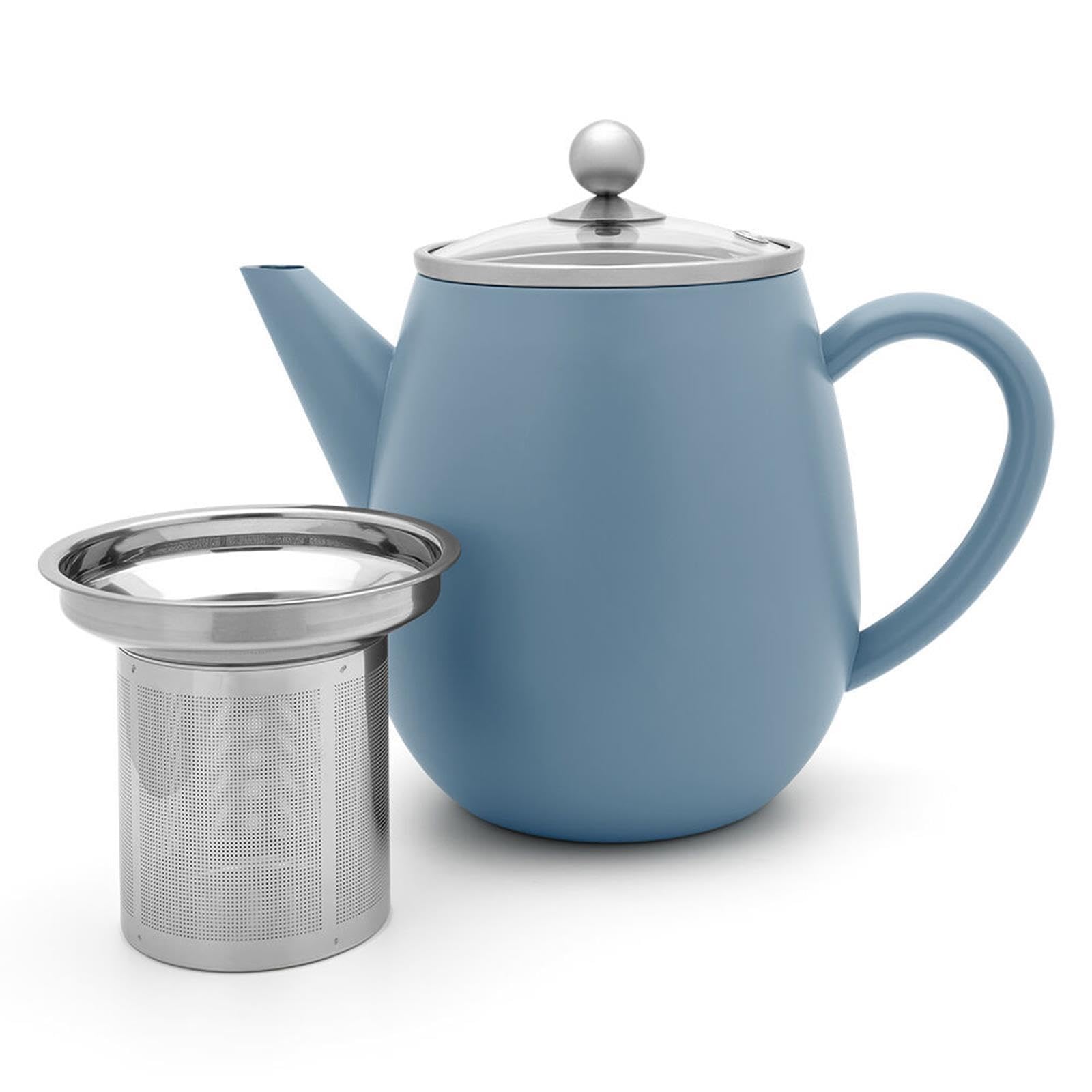 Bredemeijer Teekanne 1.1 Liter blau - doppelwandige Edelstahlkanne Set mit Glasdeckel & 2 isolierende Teegläser je 290 ml