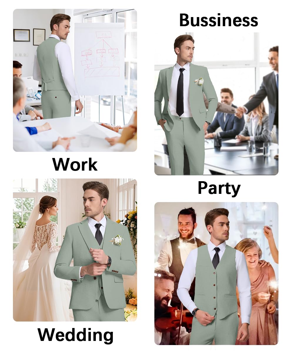 Completo da uomo in lino leggero da 3 pezzi, composto da giacca, gilet, pantaloni, stile casual, completo per matrimonio, lavoro, ballo di fine anno