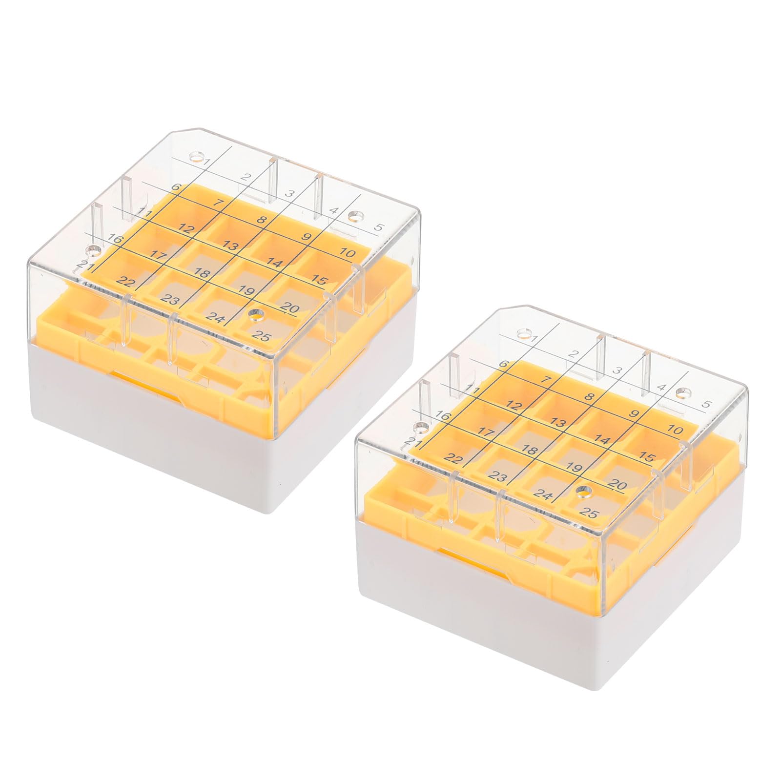 PATIKIL 25 Well Centrifuge Tube Freezer Storage Box, 2 Pcs Polypropylene Tube Rack for 1.8ML and 2.0ML Tubes Vials Samples, Yellow