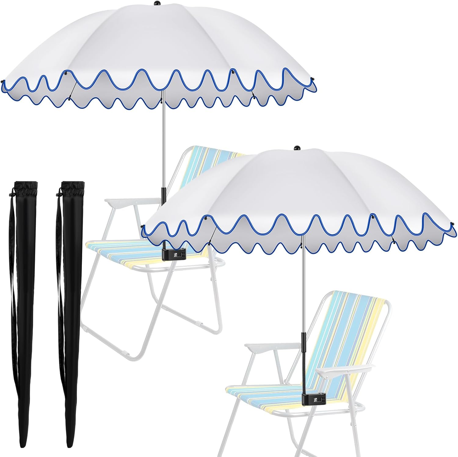 Abbylike 2 Pcs Scalloped Chair Umbrella with Universal Adjustable Clamp 38'' Portable Wheelchair Umbrella UPF 50+ Camping Chair Parasol with Bag for Outdoor Patio Lawn White, Dark Blue Scalloped