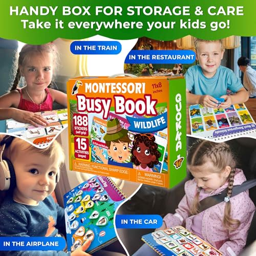 Image of Montessori Busy Book for Kids Ages 4-8 - My Preschool Toddler Busy Book 3-5 | Velcro Pre K Toddler Learning Busy Book for Homeschooling - 15 Kids Educational Animal - 15 Activities with 178 Elements