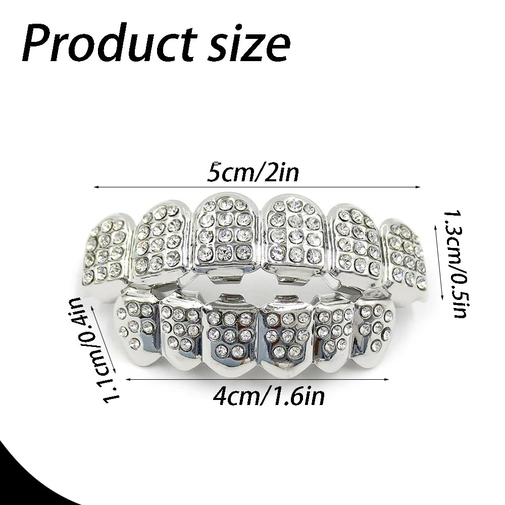 Hip-hop Teeth,1 Set Teeth Grills,Hip Hop Teeth Grills,Argent Plated Tooth,Braces Top and Bottom Grill Cap Shiny Tooth,for Men's and Women's Parties,Proms,Halloween Role Plays - Image 2