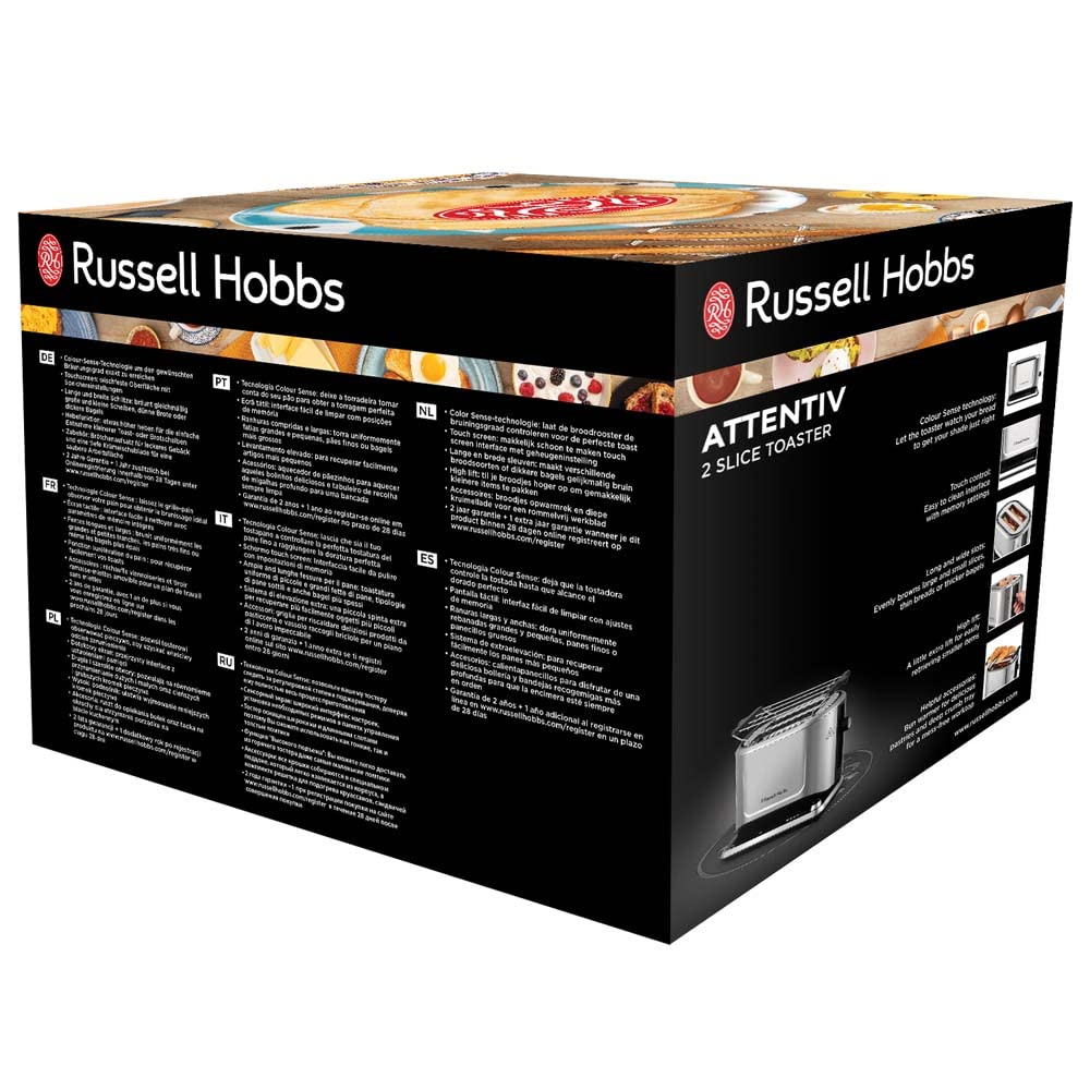 Russell Hobbs Tostapane - 2 fette - Grado di doratura perfetto; Ogni tipo di pane; Automaticoutomatico; Acciaio Inox; Superficie di controllo touch digitale, slot extra larghi, Attentiv 26210-56