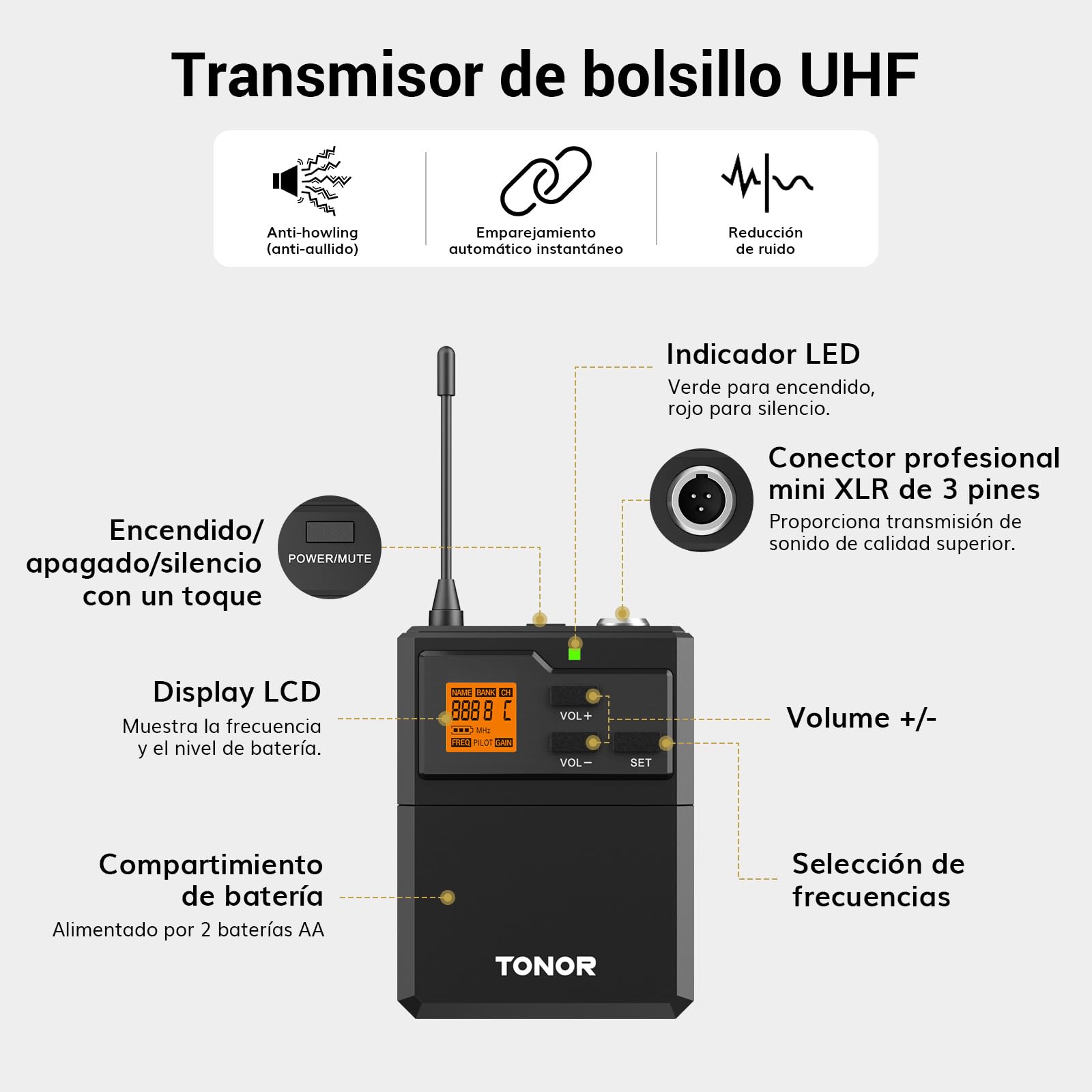 TONOR Sistema de Microfono Inalámbrico UHF, Micrófono de Mano/Auriculares/Lavalier, Transmisor de Bolsillo, Receptor Metálico de 4x5 Frecuencias, Alcance de 90m para Karaoke en Iglesias, 4 Canales