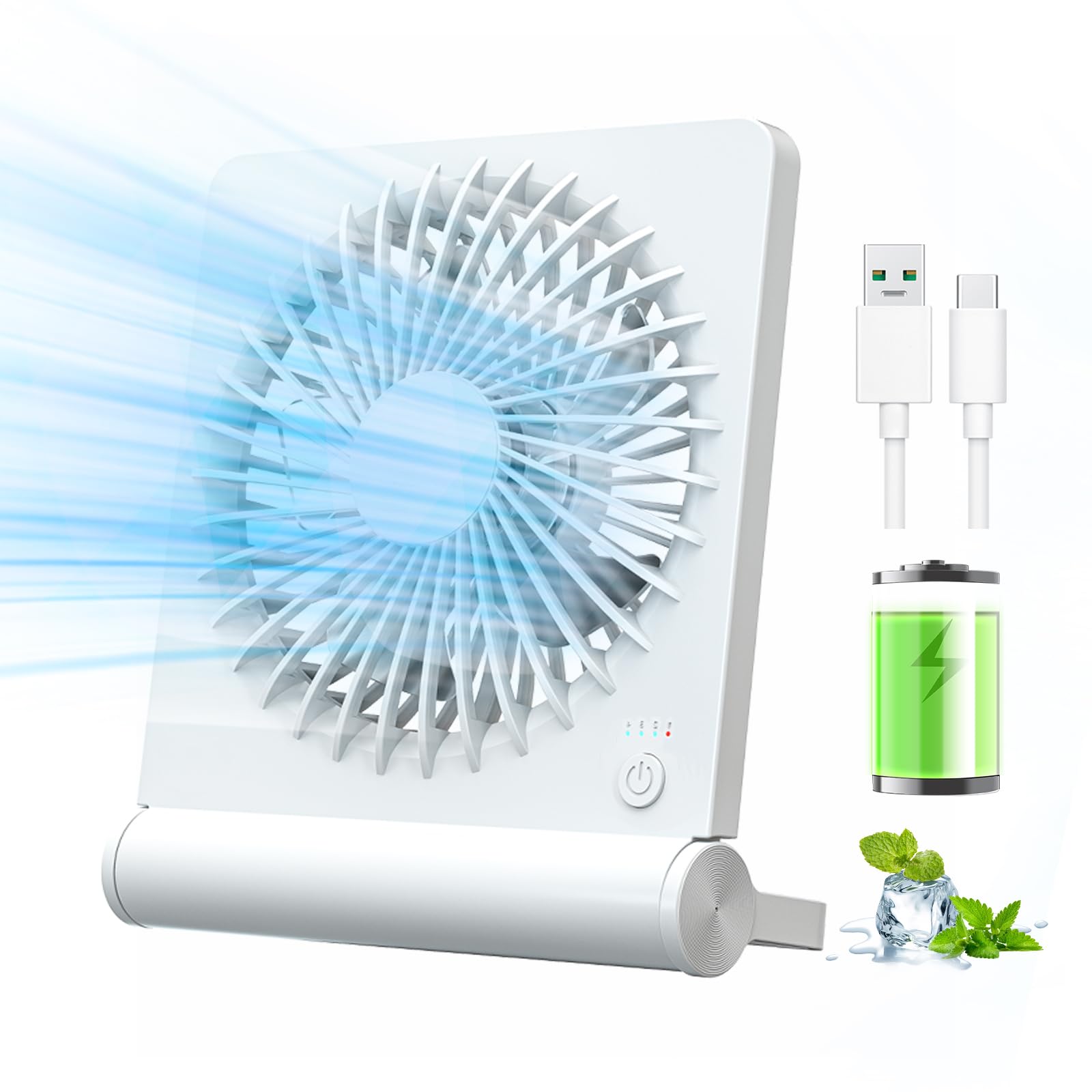 BIVBTP Desk Fan, USB Desk Fan With 2000mAh Rechargeable Battery,Powerful Super-Thin Small Table Fan, Electric Fans Cooling Quiet For Bedroom, Office, Outdoor, Traval-White
