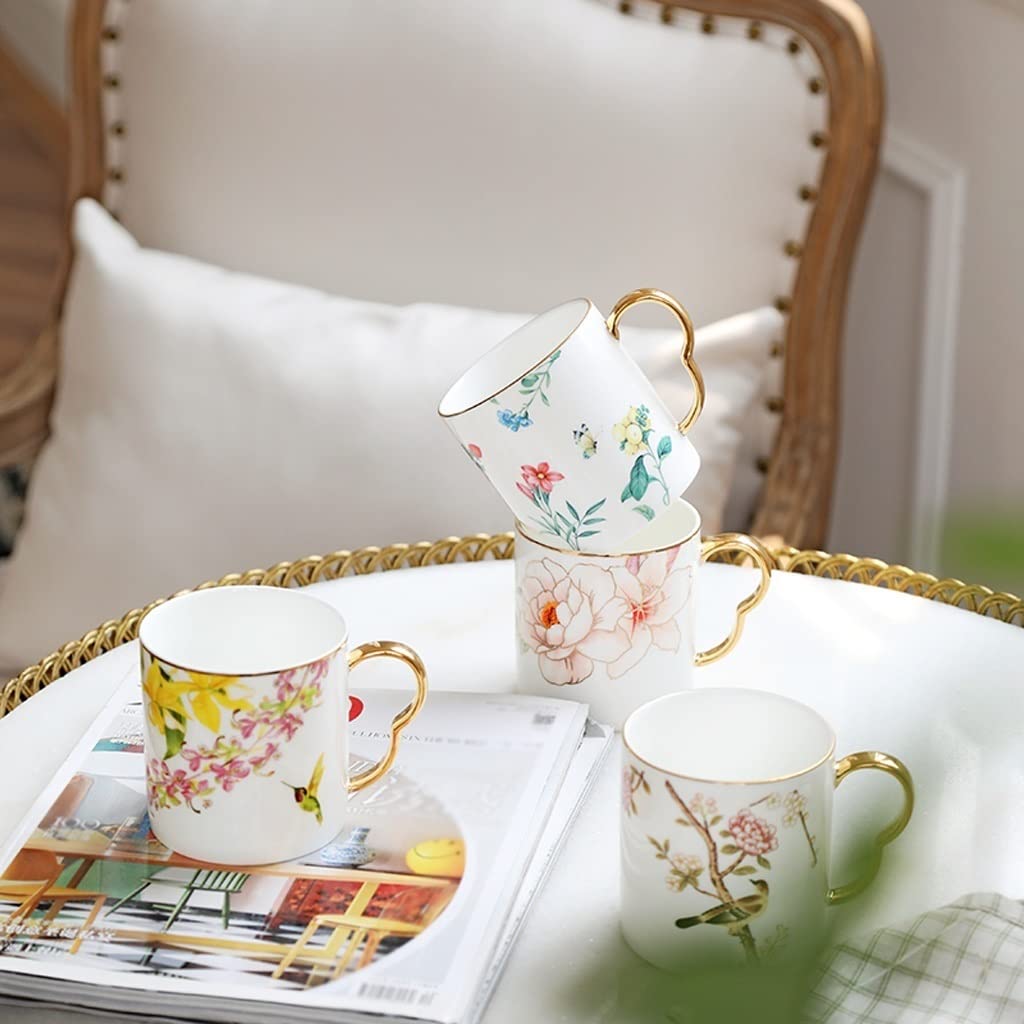 BONAD Podróżny kubek do kawy kubek porcelana kostna domowa filiżanka do herbaty para filiżanka do kawy kreatywny wzór kwiatu i ptaka filiżanka do herbaty kubek na mleko kubek do kawy (kolor: E)