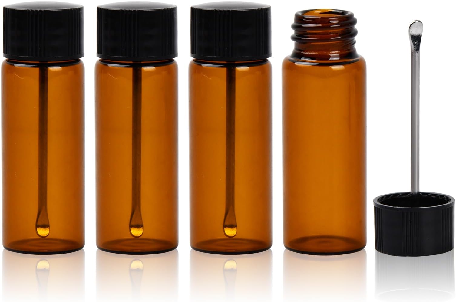 4-Pack Bottles with Spoon, Brown Glass Sample Vials, Waterproof Small Glass Bottles for Outdoor Travel