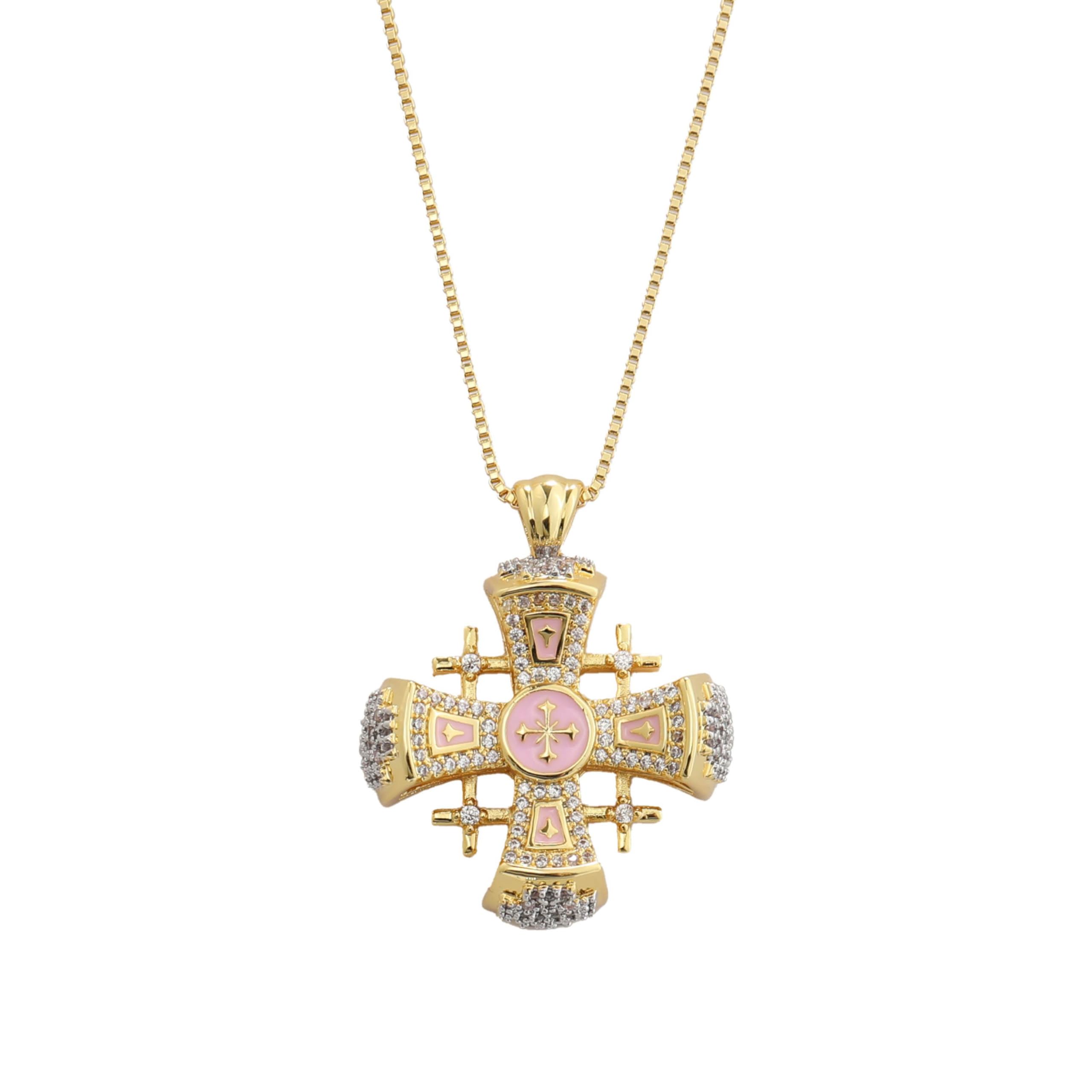 Nazareth Store Crusaders Jerusalem Cross Pendant Necklace Gold Plating 18k Enamel Crystallized Stones 1.3"