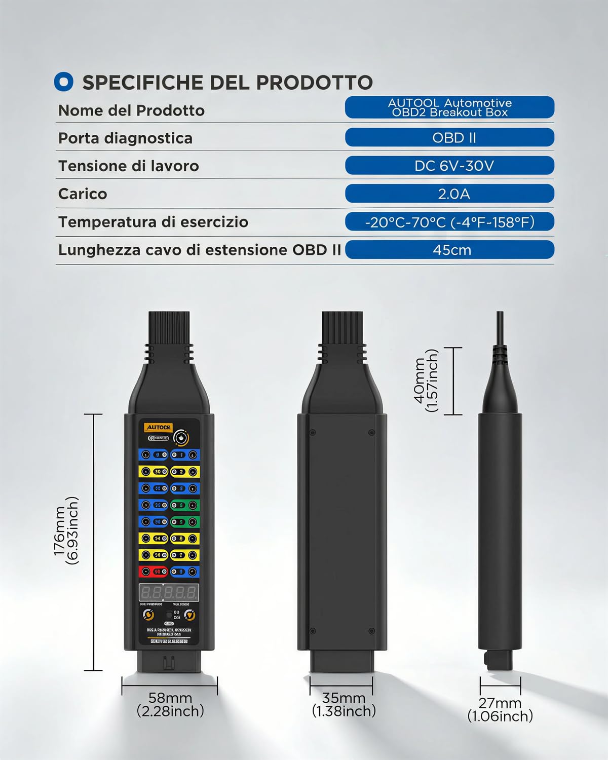 AUTOOL Scatola derivazione OBD2, Rilevatore Protocollo OBD II Auto con Display Tensione, Connettore 16 pin, LED e Ponticelli, Compatibile con Scanner, Multimetro per Diagnosi Elettrica Veicoli