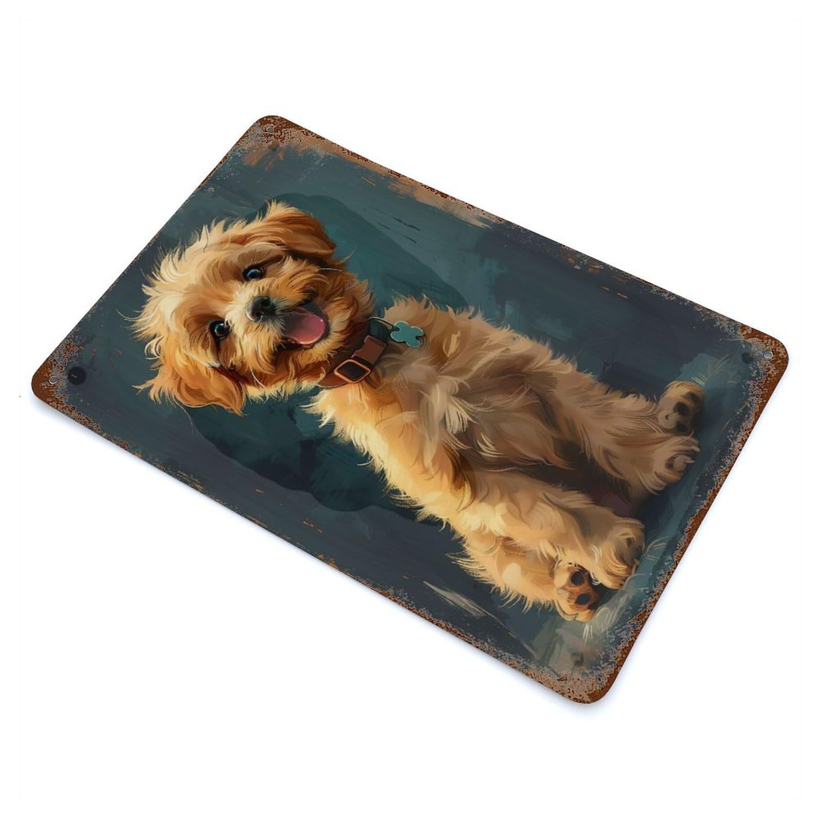 Cute Painting Puppy Art Rustic Tin Plaque 11.8"x7.9", Farmhouse Wall Decor for Shed, Workshop And Garage Wall Decor