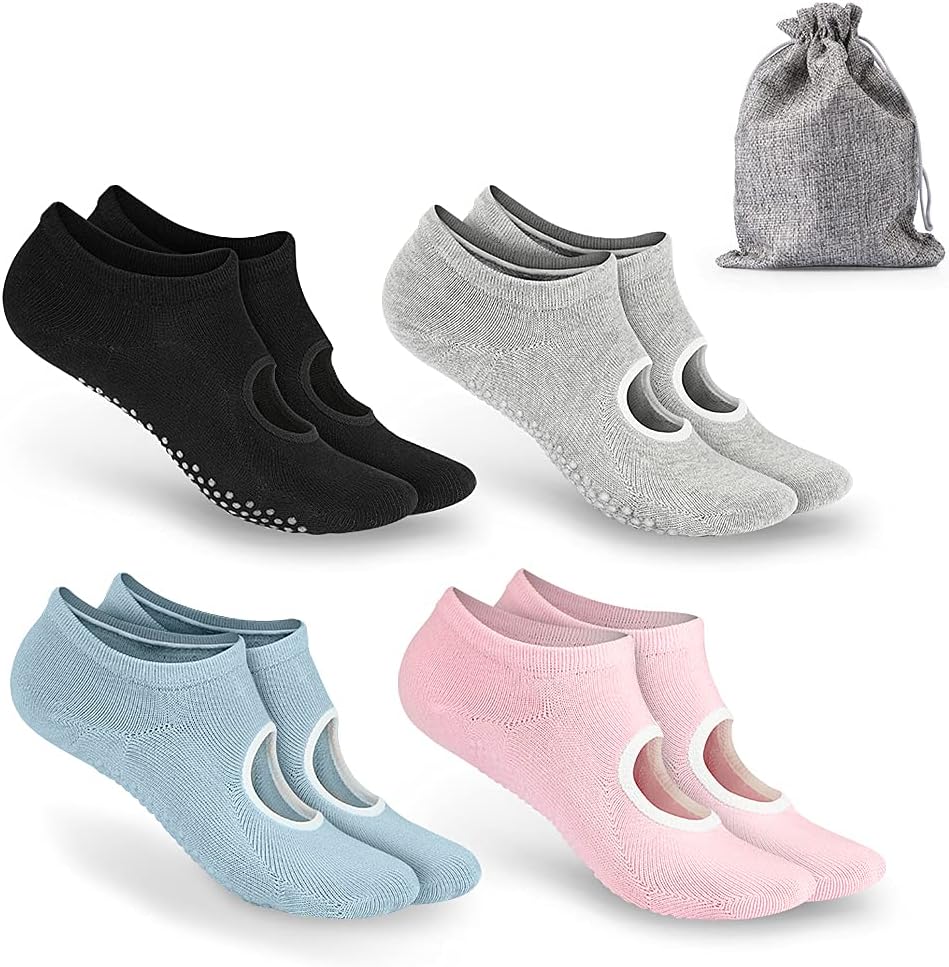 Tusscle 4 Pairs Yoga Socks, Non Slip Pilates Socks, Ideal for Yoga, Pilates, Barre, Ballet, Fitness, Barefoot Workout andTrampoline (Back+Grey+Pink+Blue)