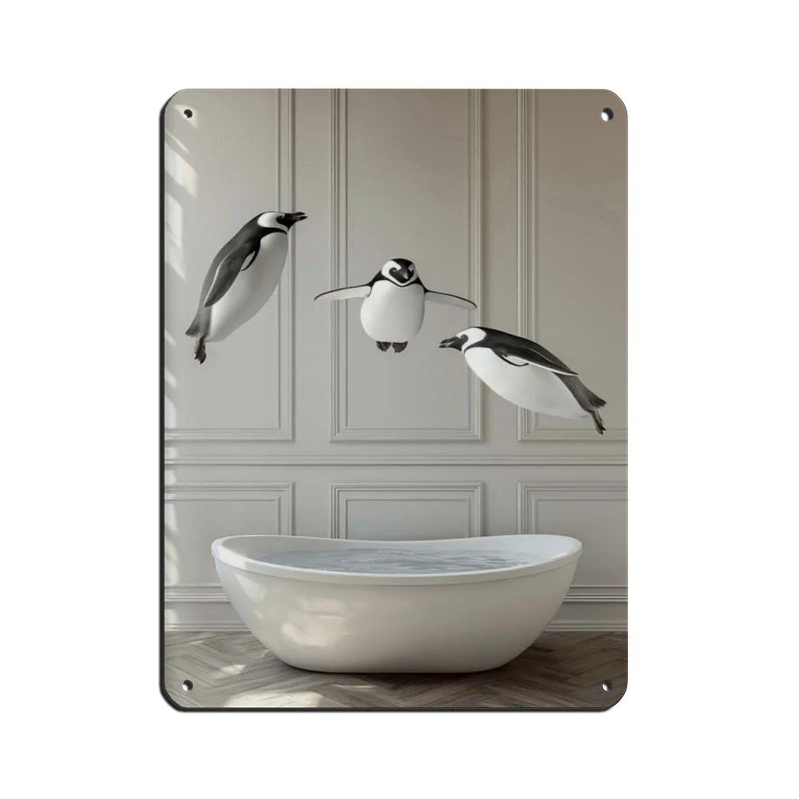 Penguins Jumping Into Bathtub, Bathroom Art Tin Sign Vintage Metal Pub Club Cafe Bar Home Wall Art Decoration Poster Retro 12x16inch(30x40cm)