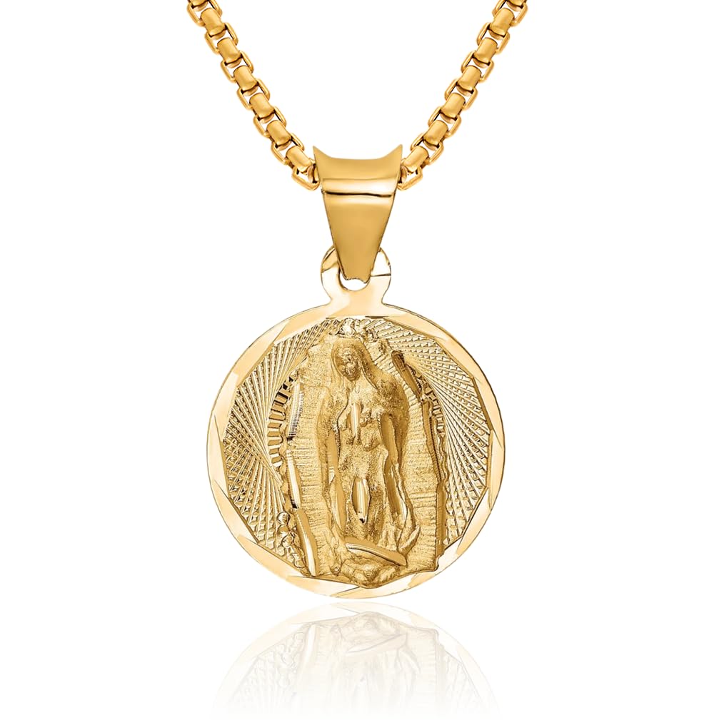 IceCarats 14K Solid Yellow Gold Our Lady of Guadalupe Virgin Mary Circle Round Necklace Virgencita Maria Rosa Pendant Catholic Christian Holy Mother