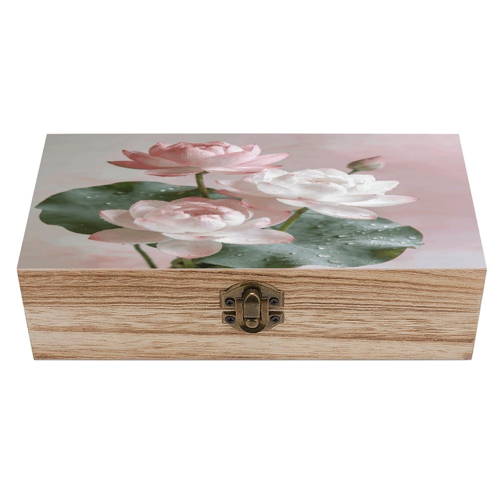 LZQPOEAS Lotus Floral Wooden Keepsake Box Wooden Storage Box Container with Hinged Lid Beautiful Wood Memory Box Decorative Jewelry Case for Crafts Art Hobbies & Trinket Storage