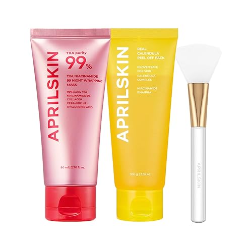 APRILSKIN Dúo de cuidado de poros y brillo con cepillo de gelatina TXA Niacinamide 99 Máscara de envoltura nocturna Duo y cepillo de gelatina,