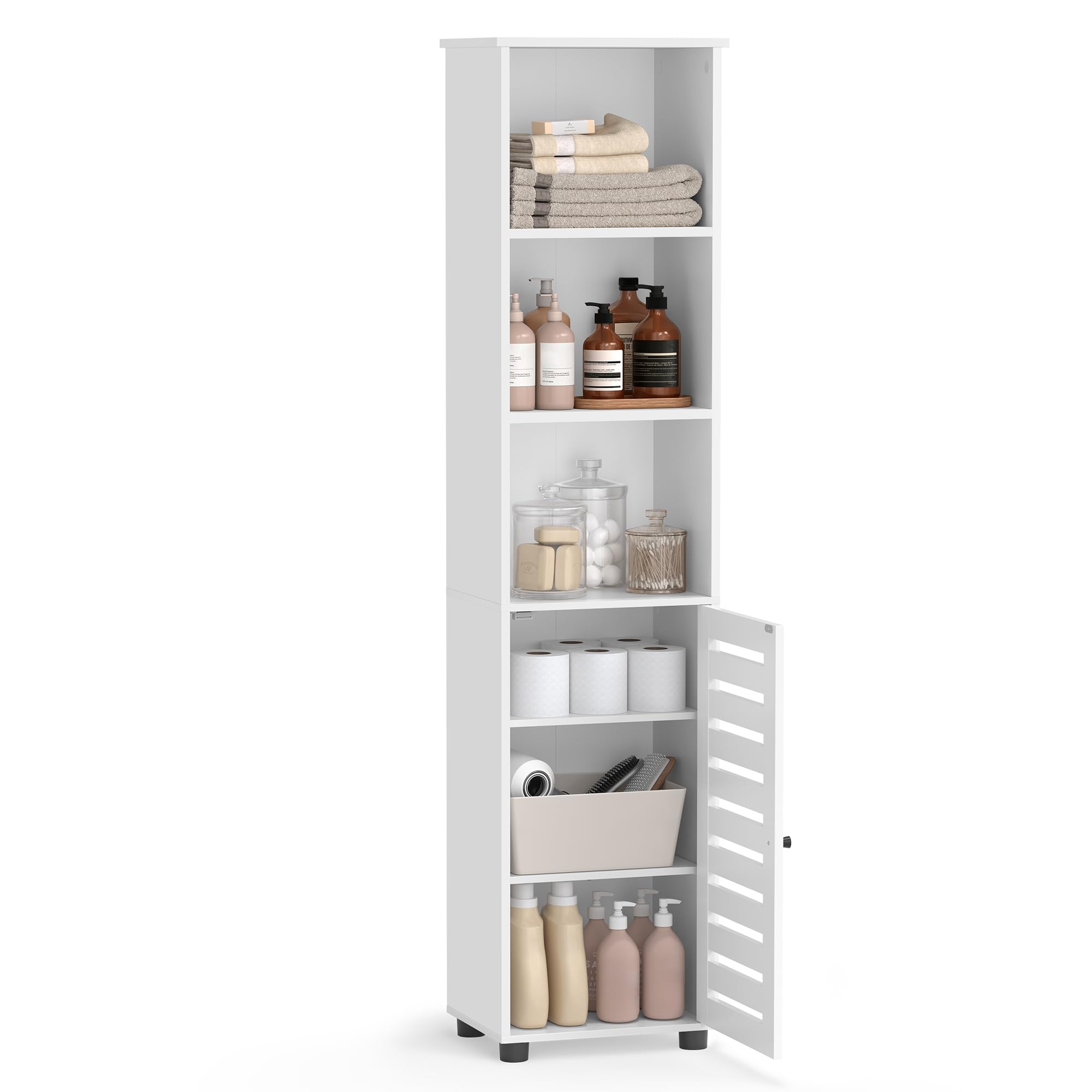 VASAGLE Meuble de Salle de Bain, Étagère de Rangement, Placard Haut, avec 3 Compartiments Ouverts et 2 Étagères Réglables, Salon, Entrée, Blanc Nuage BBK160W01