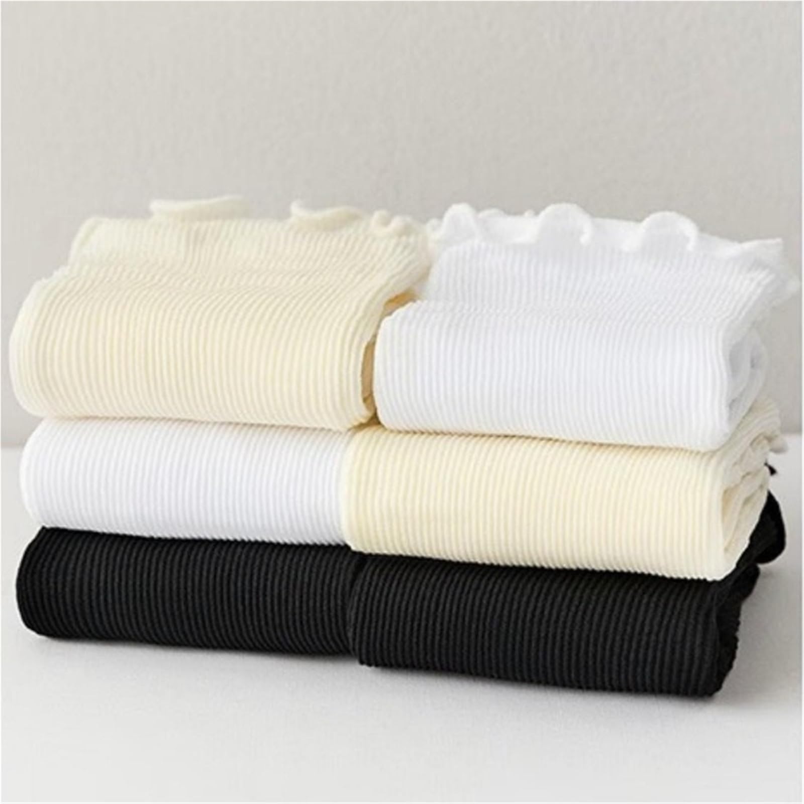 Calzini Donna Corti Set di Due Pezzi di Calze plissettate Tinta Unita da Donna, Calze di Media Lunghezza, CALZINO Donna(Black White)