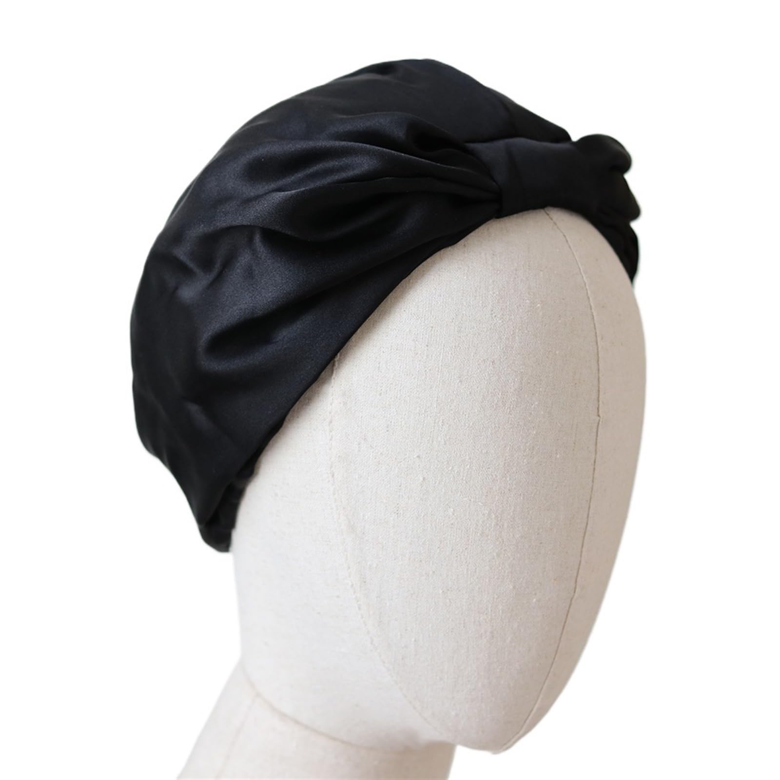 Bonnet de nuit cheveux anti-casse en soie pure noire avec large bande élastique confortable