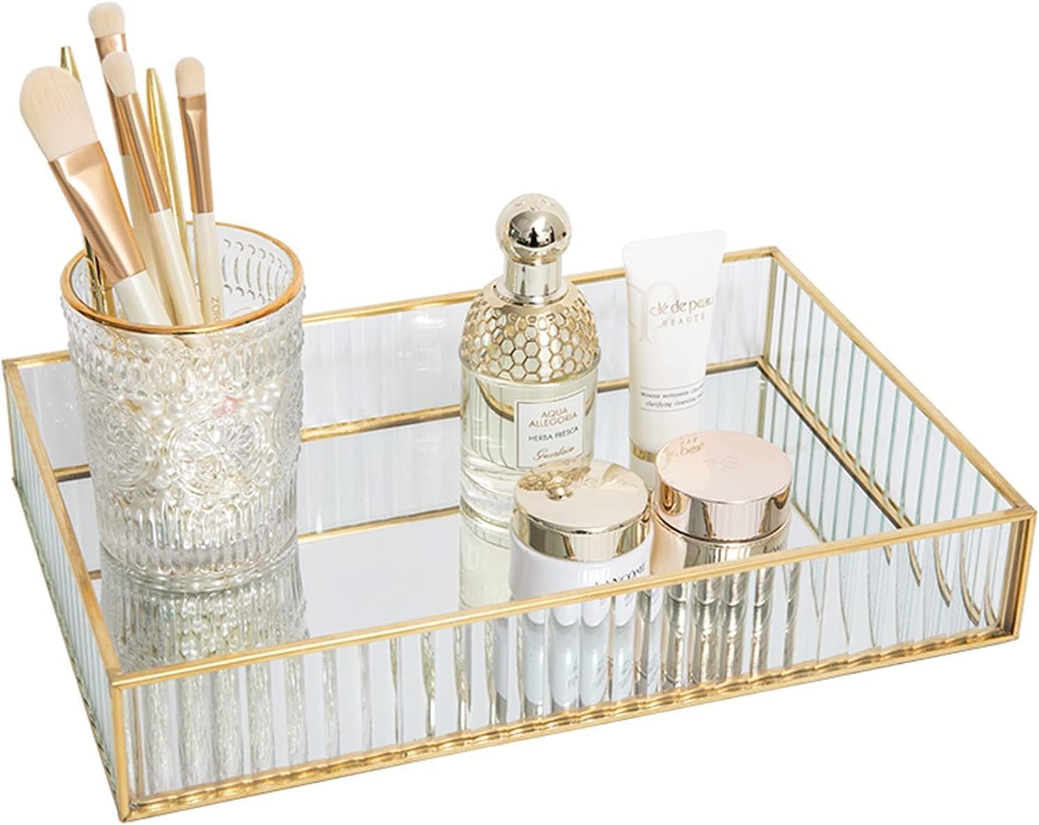 Tepengdie Striped Glass Storage Tray, Rectangle Dressing Table Makeup Tray with Gold Wire, Jewelry Perfume Organizer for Vanity, Dresser, Bathroom, Bedroom (L)