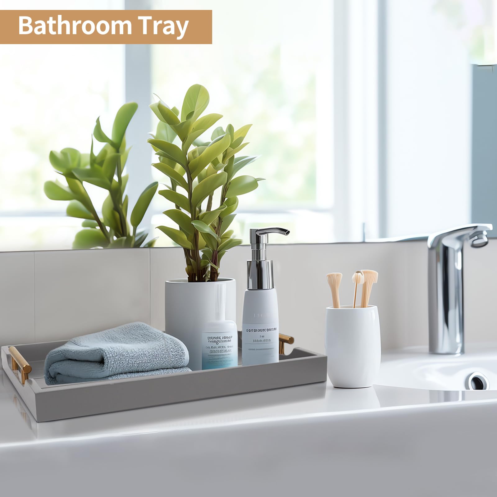 SXNOWS Bandeja otomana Grande de Madera, con Asas, Incluye 4 Posavasos Redondos, Bandeja para Servir Mesa de café para Sala de Estar, Gris (2 Juegos)