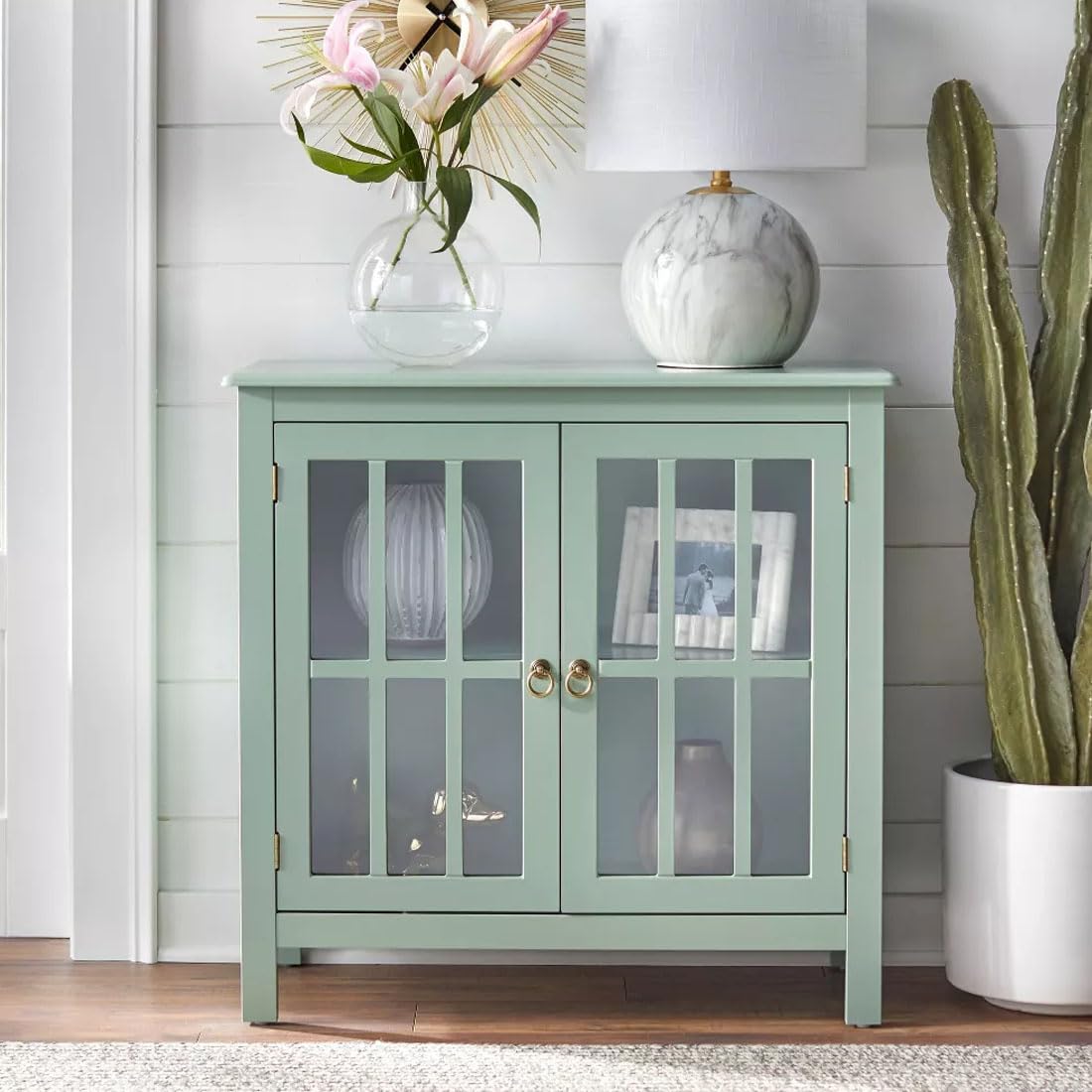 Woodefly Mango Wood Glass Kitchen Crockery Cabinet | Wooden Display Unit Book Stand for Home Library (Silt Green)-image-4