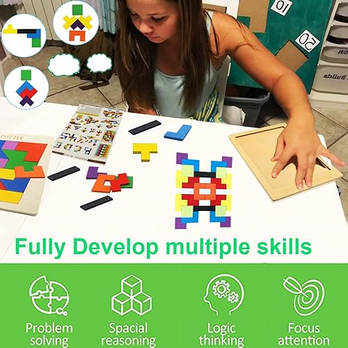 Miniatura 7 de Ronnorr 2 Pack Wooden Puzzle Blocks Geometric Tangram + Russian Blocks Puzzle for Kids & Adults, Intelligence Brain Teasers Toy Wooden Puzzle for