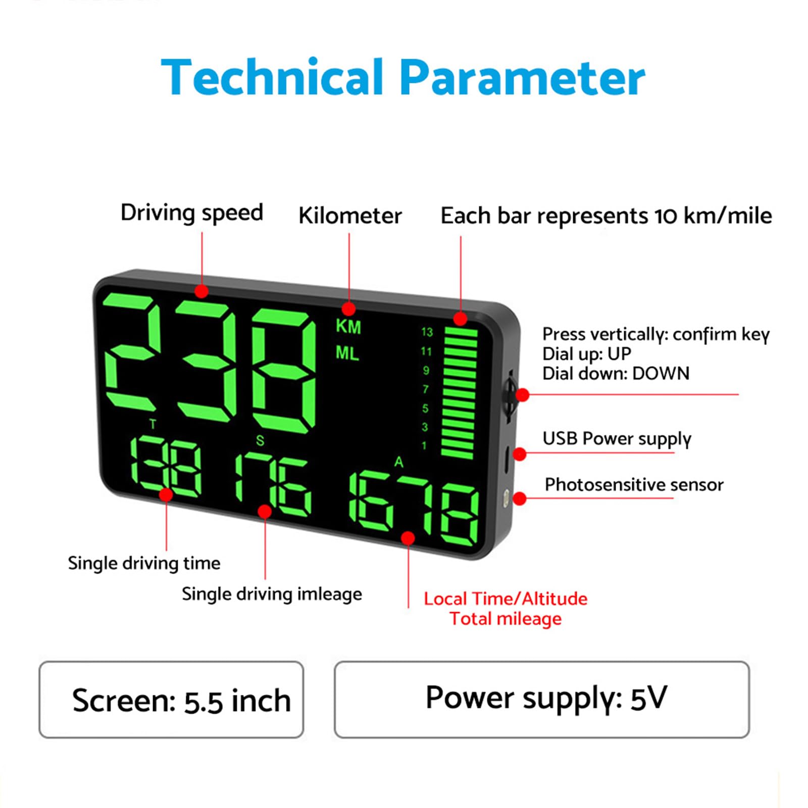 ALINREDBX 5.5'' Speedometer GPS Digital Speedometer Odometer Display MPH/KMH with Over Speeding Alarm for All Vehicle Truck Bicycle Motorcycle