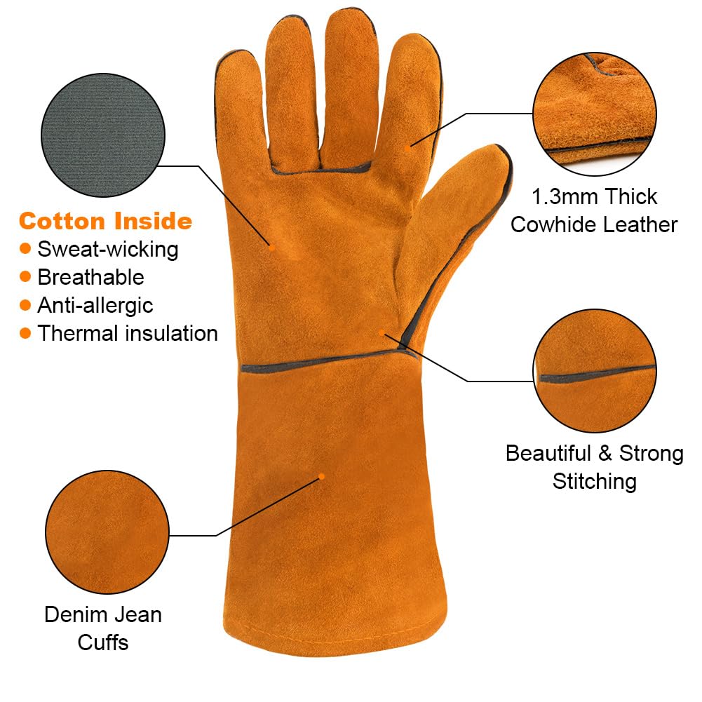 AUAUY Welding Gloves, Heat Resistant Long Leather Gauntlets, Fire Resistant Welders Gloves - Image 3