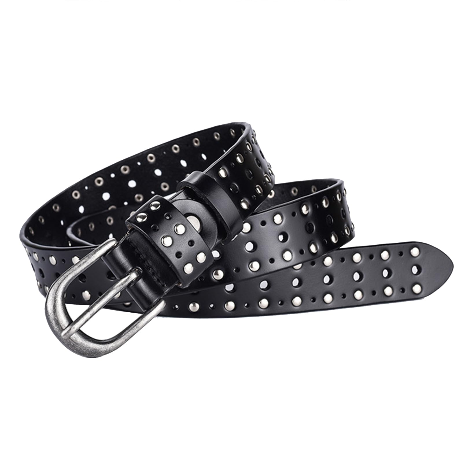 pasek, Paski z ćwiekami damskie i męskie, dwurzędowe, ze srebra próby 925, skóry naturalnej, do jeansów spodni, szerokość 2,8 cm(Black,105cm/waist:34"~36")
