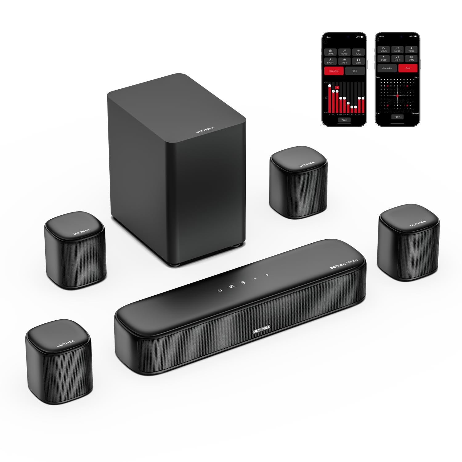 ULTIMEA 7.1 Dolby Atmos Soundbar, con Subwoofer, Soundbar TV con Controllo via APP, Audio Surround Cinema 3D con 4 Altoparlanti Surround, TV Altoparlante con HDMI eARC da 350W, Bluetooth, Aura A60