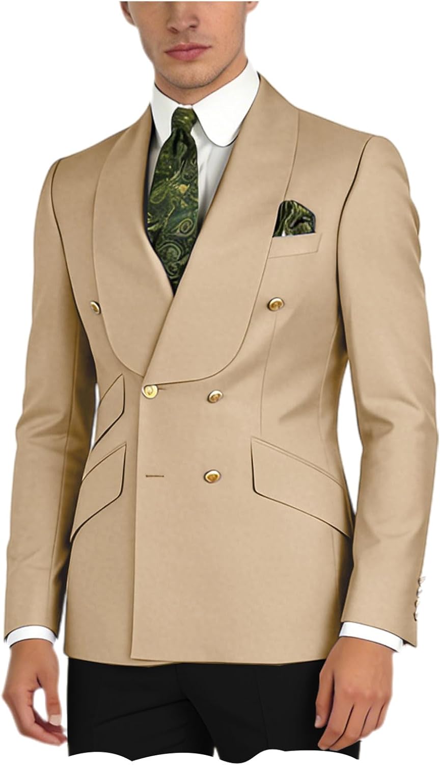 Men's Double Breasted Blazer Slim Fit Shawl Collar Suit Jacket Luxury Sport Coat for Business Wedding Formal Wear