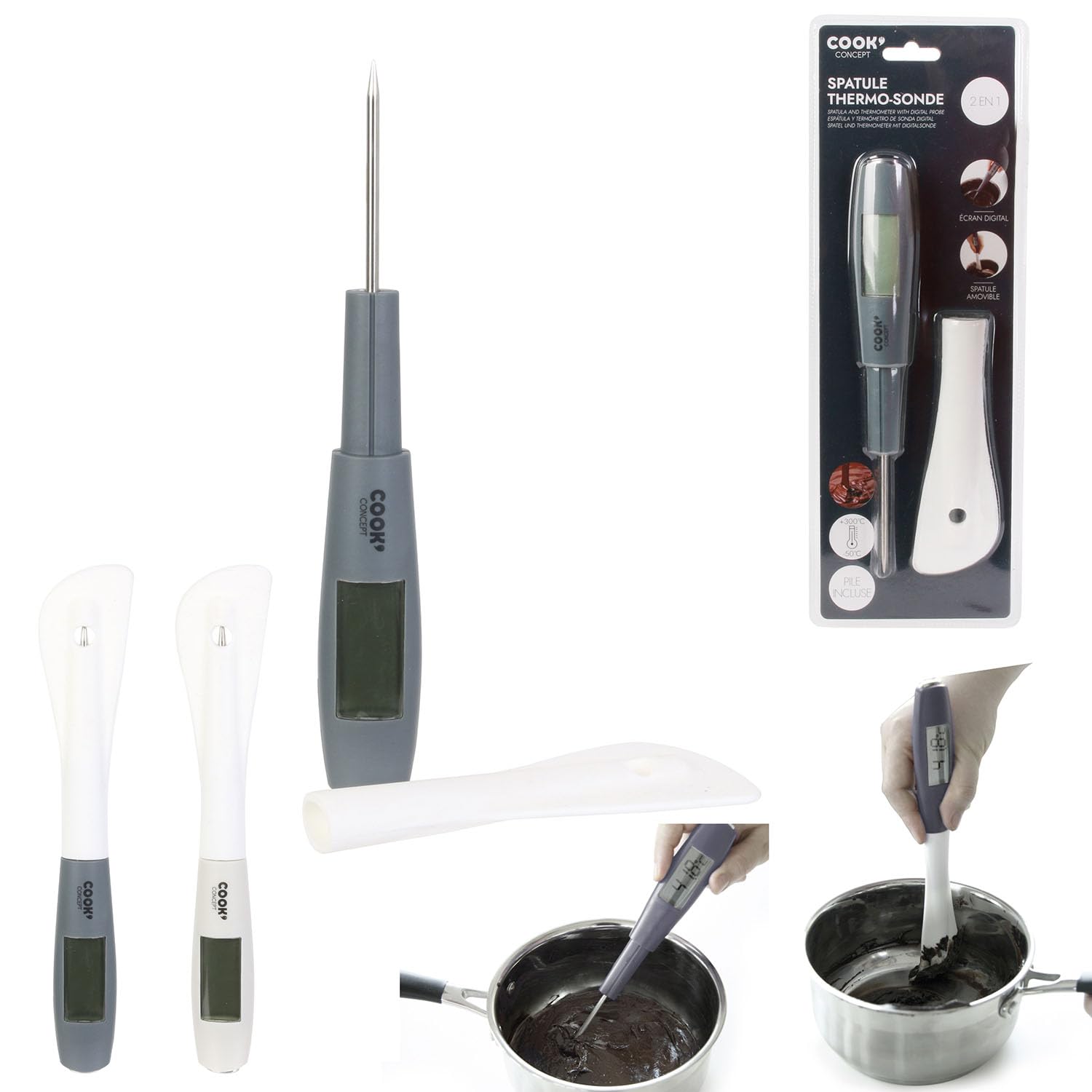 Spatule Thermomètre 2 En 1 - Inox, Silicone, Manche PP - Idéale Pour Cuisson Et Mélange - Coloris Aléatoire (rouge Ou Noir)