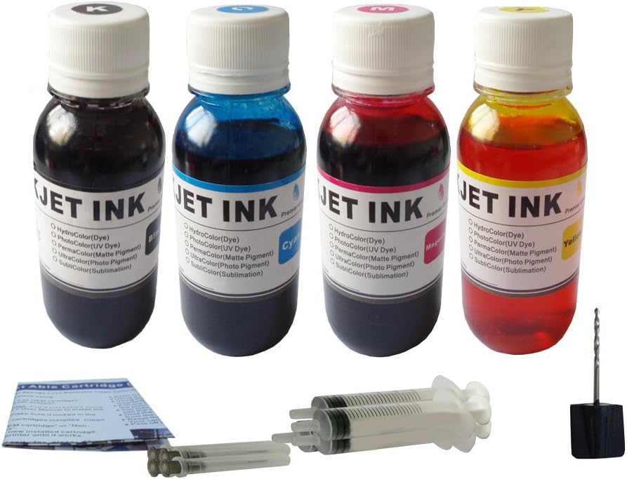 Refill Ink Kit: 4x4oz Nano Dye Ink (1BK+1C+1M+1Y) + 1 Thumb Drill + 4 Syringes for Canon Cartridge PG-50 / CL-51 and Canon Printer FAX-JX200, FAX-JX200, PIXMA iP1300, PIXMA iP1600, PIXMA iP1700, PIXMA iP1800, PIXMA iP2600, PIXMA iP6210D, PIXMA iP6220D, PIXMA iP6310D, PIXMA iP6320D, PIXMA MP140, PIXMA MP150, PIXMA MP160, PIXMA MP170, PIXMA MP180, PIXMA MP190, PIXMA MP210, PIXMA MP240, PIXMA MP260, PIXMA MP450, PIXMA MP460, PIXMA MP470, PIXMA MP480, PIXMA MX300, PIXMA MX310, PIXMA MX320, PIXMA MX330