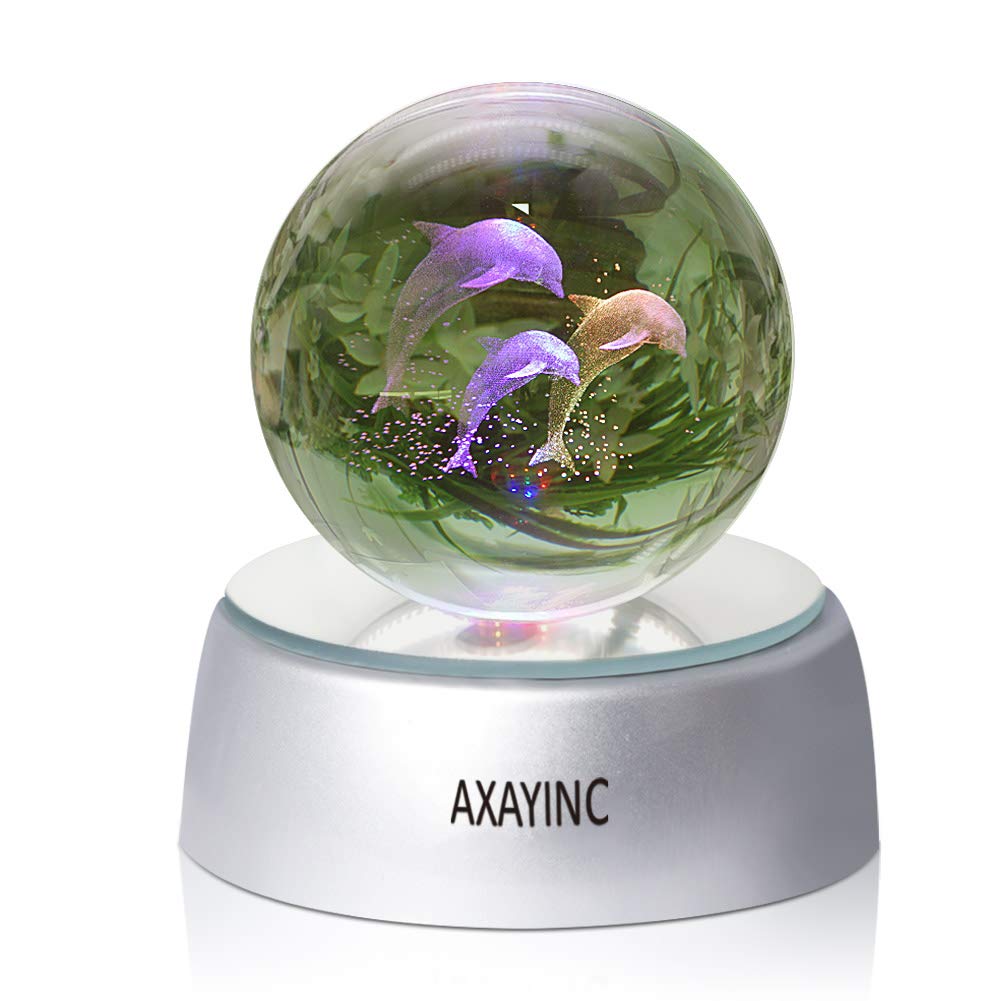 AXAYINCDolphin 3D Crystal Ball LED Night Light with Base, Puzzle Dolphin Advanced Laser Engraving, Ideal Present for Kids, Friends, Perfect for Home, Offices, Bars Decor etc. - 50mm