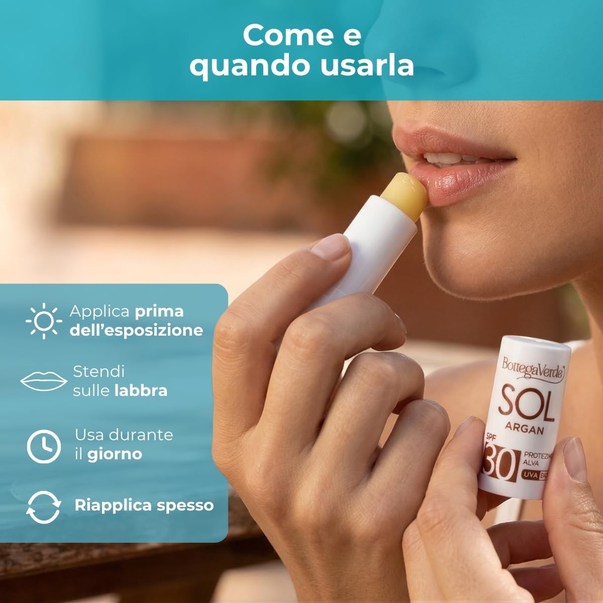Bottega Verde - Sol Argan, Stick Labbra Solare, 5,5 ml, SPF 30, Arricchito con Olio di Argan e Vitamina C, Nutre e Protegge, con Filtri Solari, Senza Siliconi, Profumo Delicato, Resistente all'Acqua