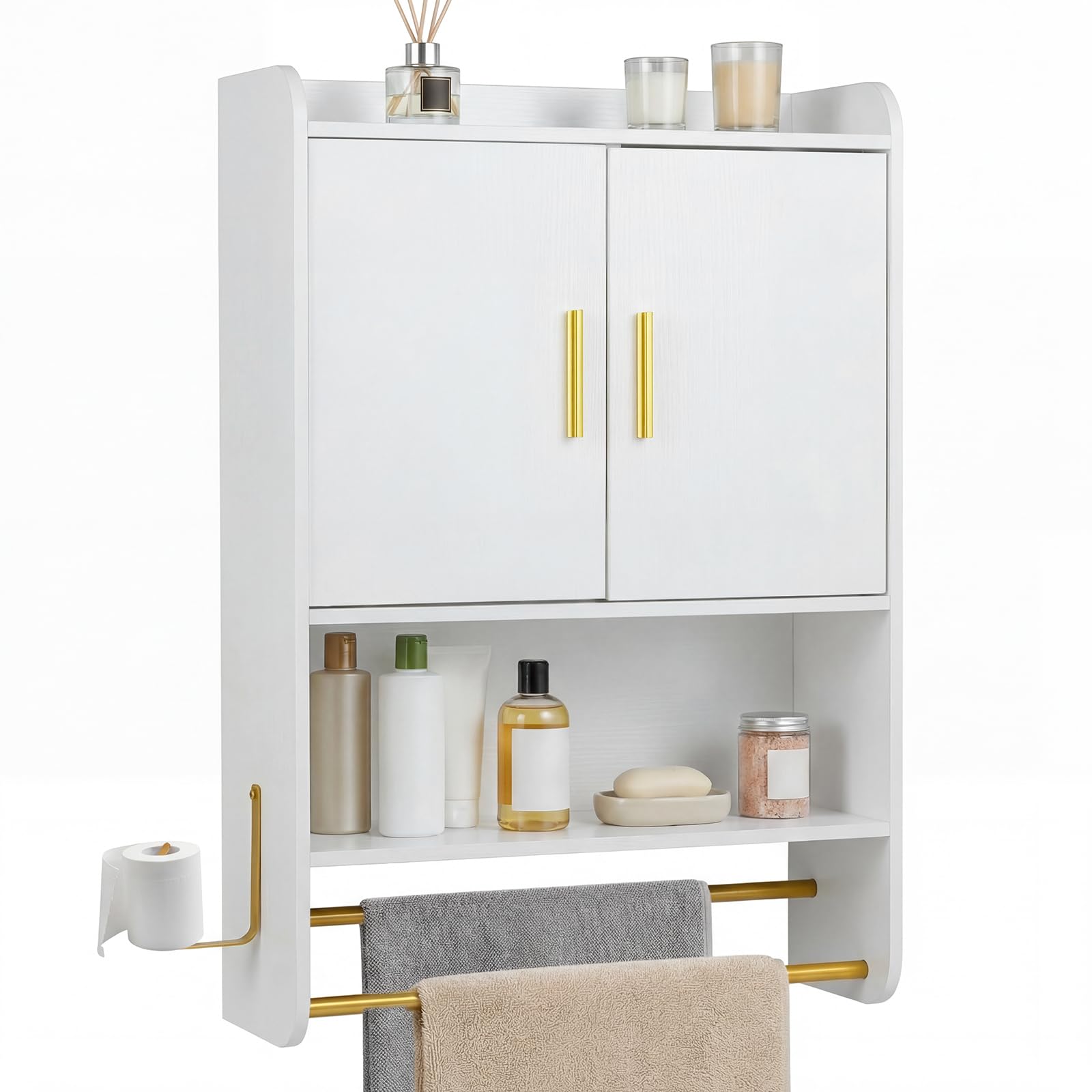 COSTWAY Armadietto Bagno Sospeso, Mobile da Bagno da Parete con Ripiano Regolabile, Scomparto Aperto, 2 Portasciugamani e Gancio Laterale, Pensile Salvaspazio per Cucina, 55 x 20 x 80 cm (Bianco)