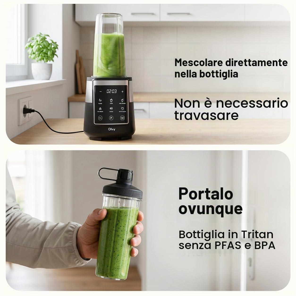 Olvy Frullatore Smoothie Maker 1500ml Vetro To-Go Timer LED 6 Lame-Black